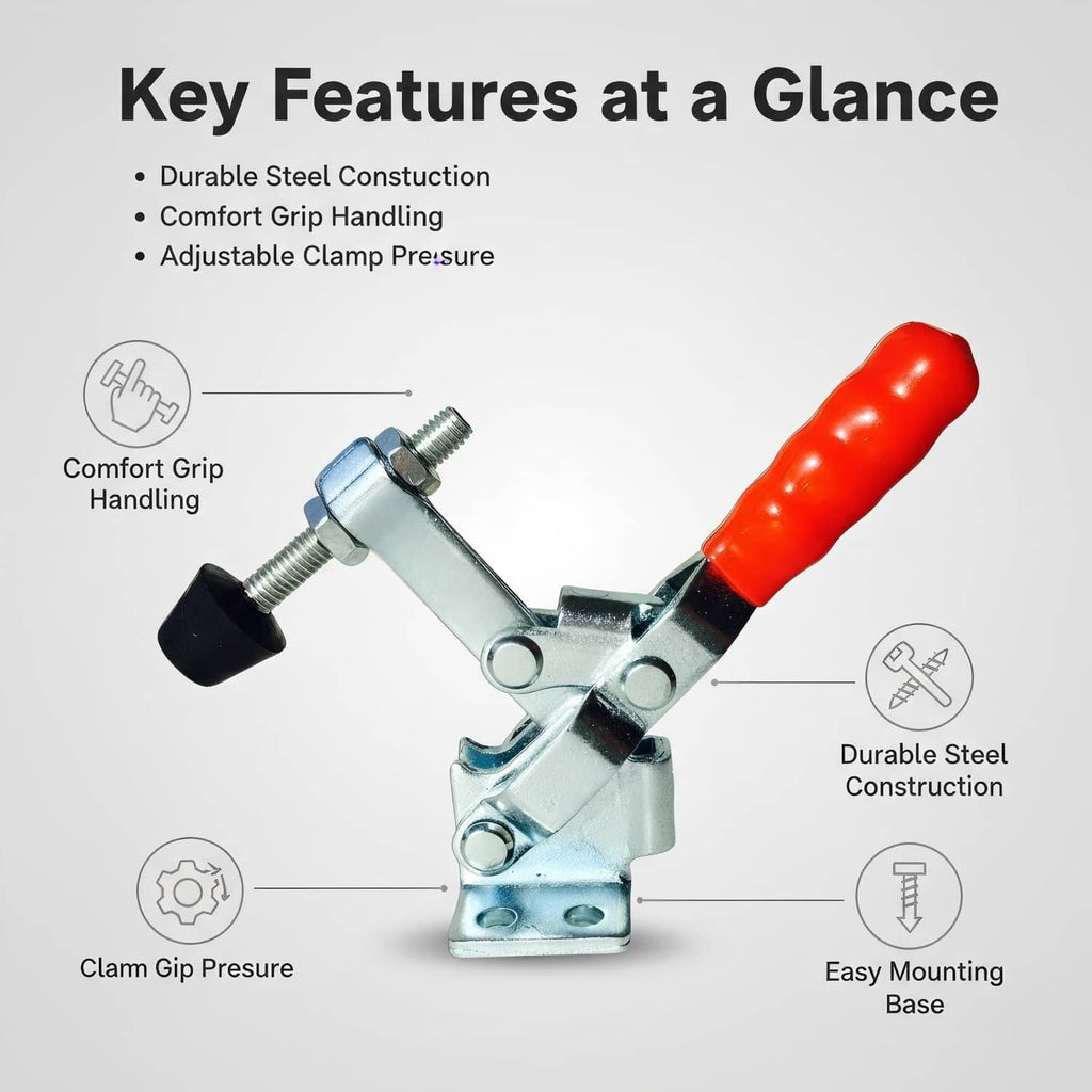 Steel smoker lid clamp with red handle and two threaded posts for mounting