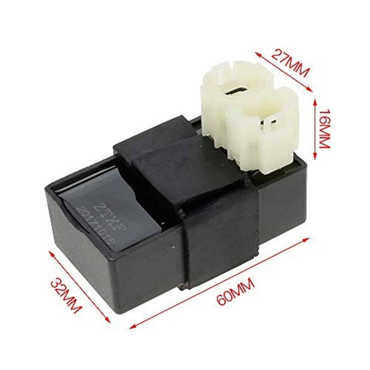 Black CDI control box with cream 6-pin connector and size measurement markings