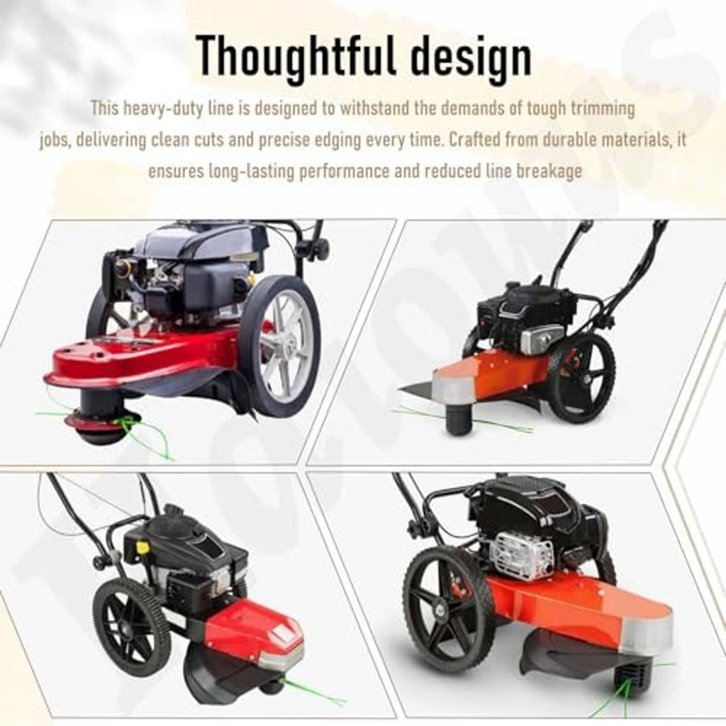 Universal green trimmer line strands shown with wheeled string trimmers