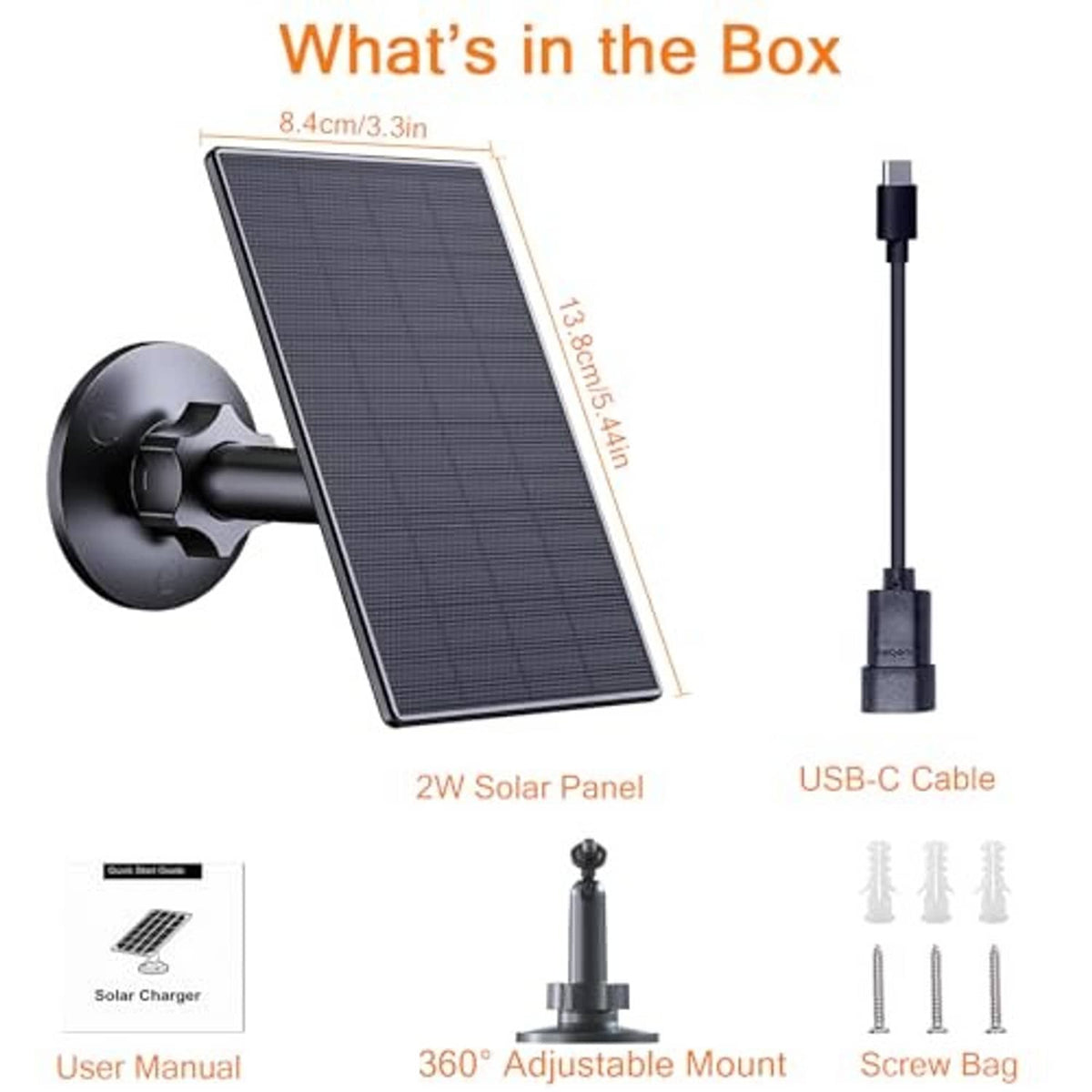 2W black solar panel charger kit with wall mount, USB-C cable, and screws