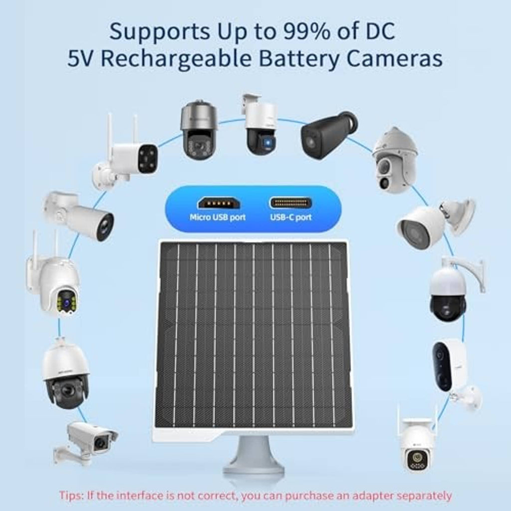 Solar panel with black grid and white outdoor camera mounts, supporting multiple devices