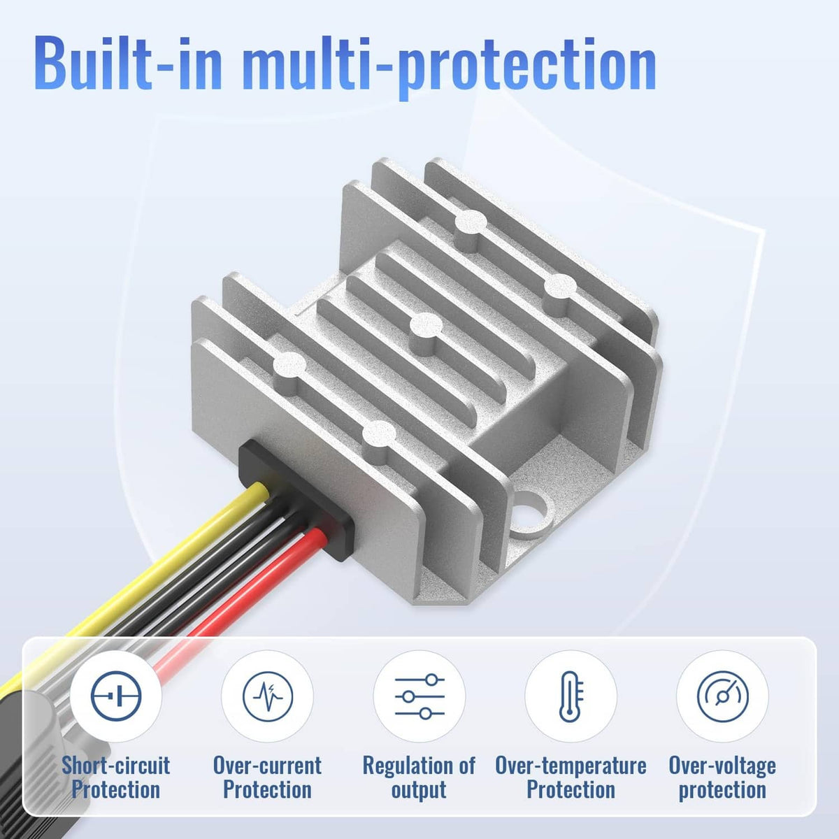 DC power converter with silver heat sink and multi-protection safety icons