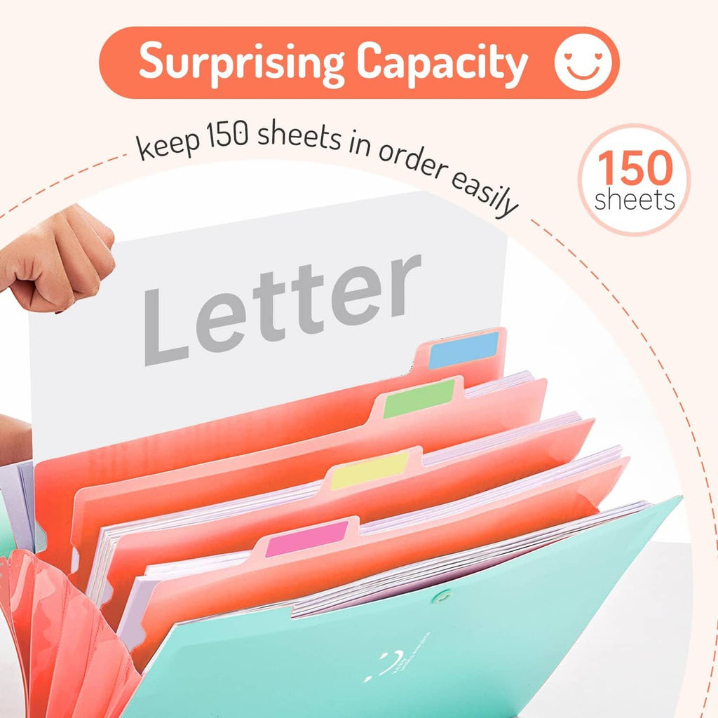 Accordion file organizer filled with letter papers, showing large storage capacity