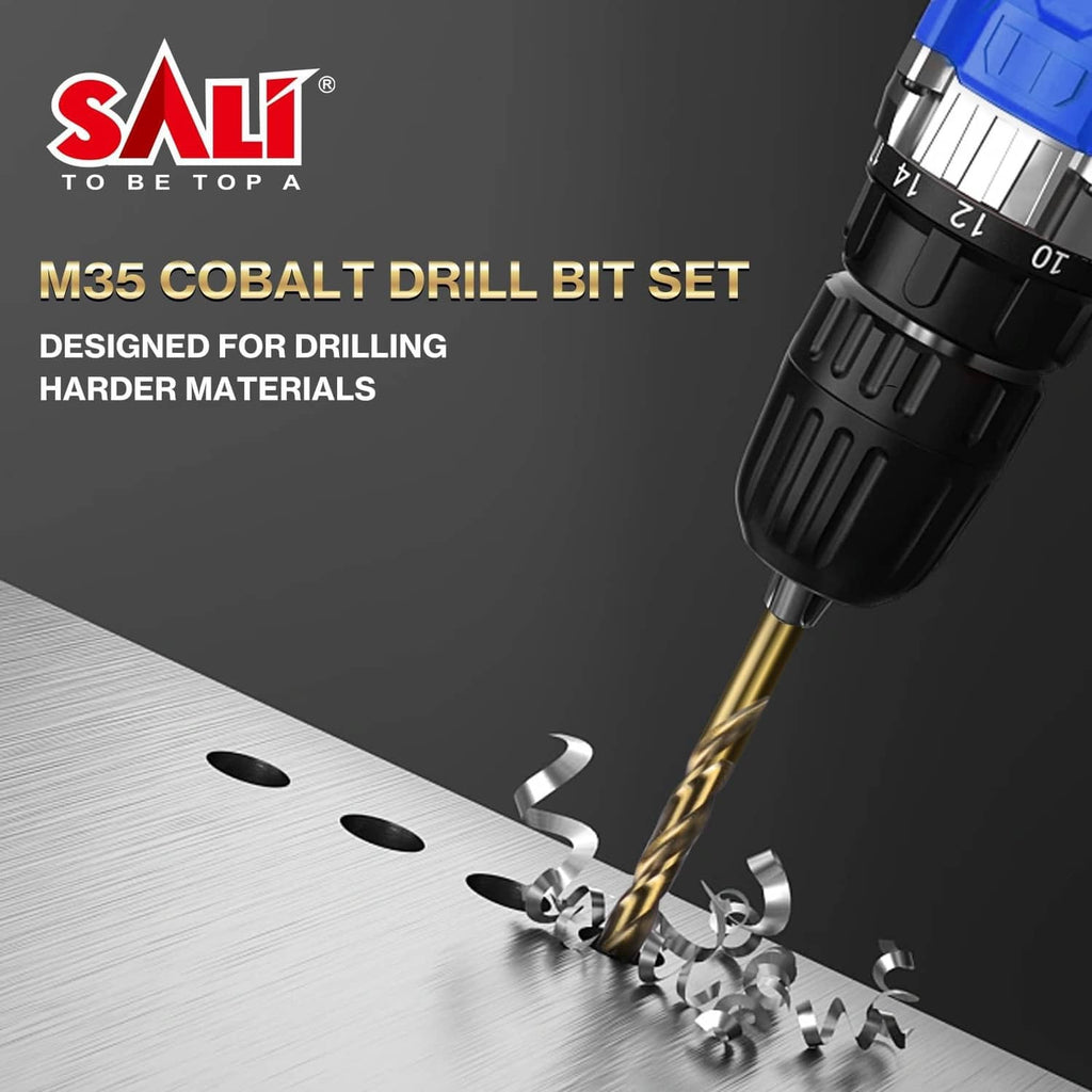 SALI M35 cobalt drill bit set with gold spiral tip and 1/4-inch hex shank