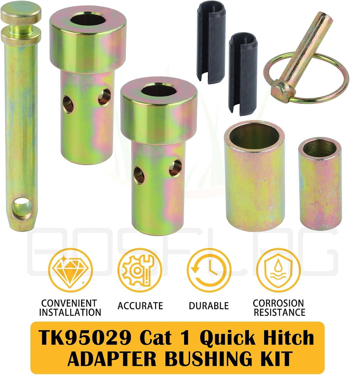 Quick hitch bushing adapter kit with iridescent bushings, lync pins, and black inserts