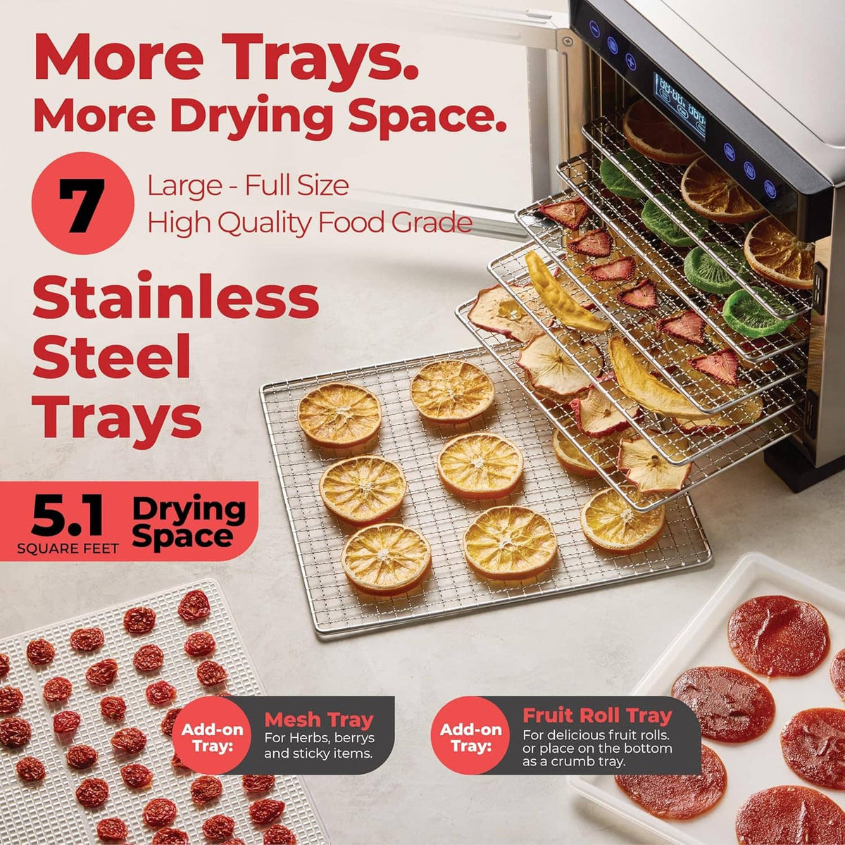 Stainless dehydrator trays with sliced fruit and herbs on multiple drying racks
