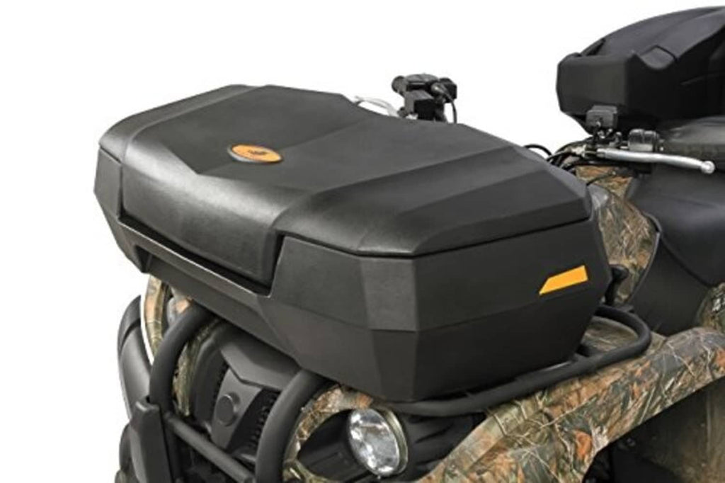 ATV front storage box mounted on ATV front, dark gray with metal latches