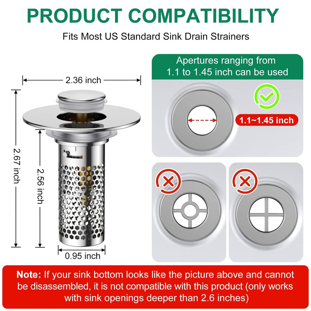 Universal bathroom sink drain strainer compatibility with size range markings