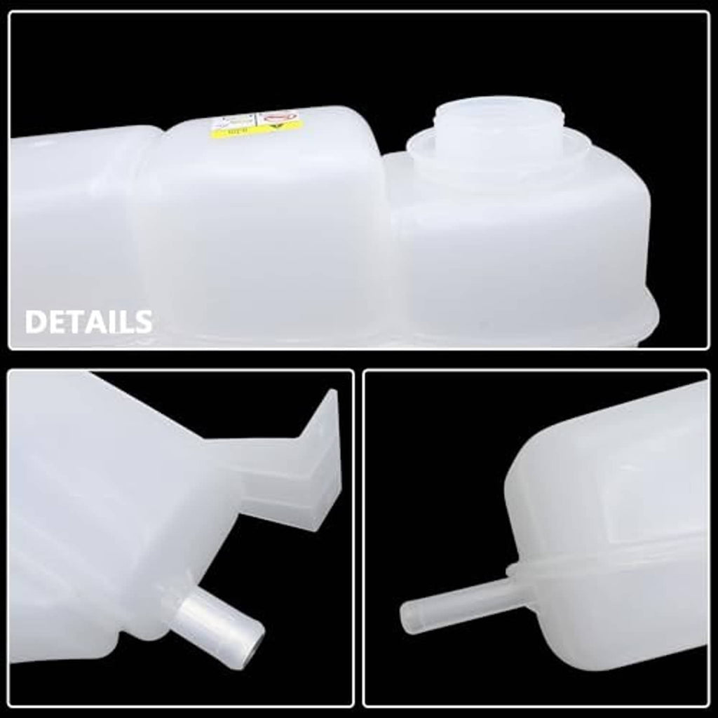 Pressurized coolant reservoir close-up with cap and outlet hose connector, white plastic
