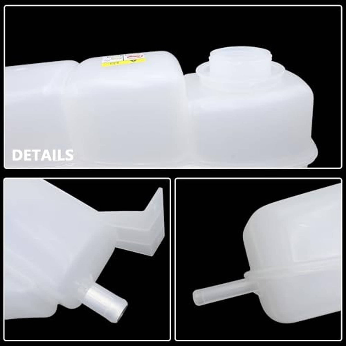 Pressurized coolant reservoir close-up with cap and outlet hose connector, white plastic