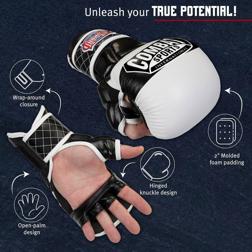 Fingerless MMA gloves with white knuckle padding and wrap-around wrist closure