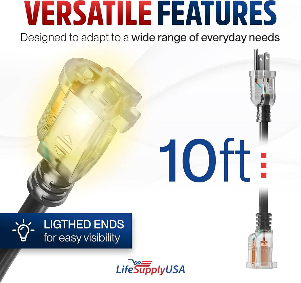 Versatile 10ft extension cord with clear lighted ends and 3-prong plug