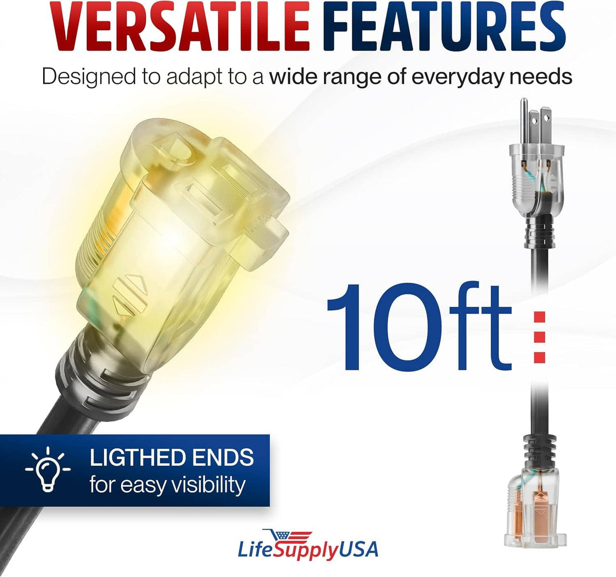 Versatile 10ft extension cord with clear lighted ends and 3-prong plug