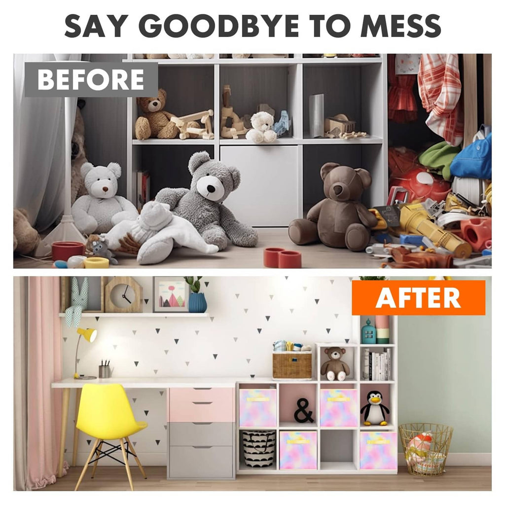 Pastel tie-dye foldable fabric cube storage bins shown in before-and-after space