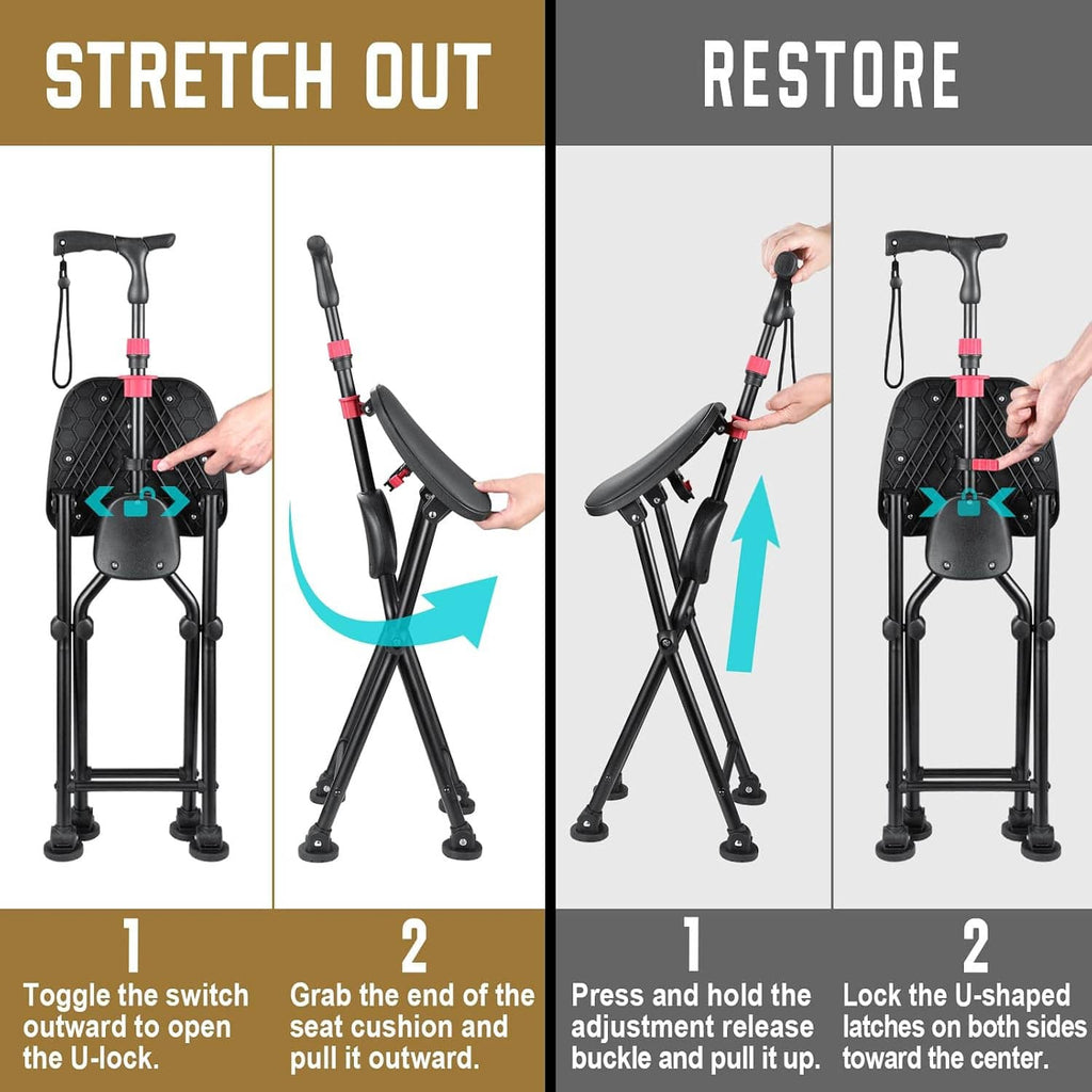 Folding cane chair showing seat cushion toggle and U-strap latch, black frame