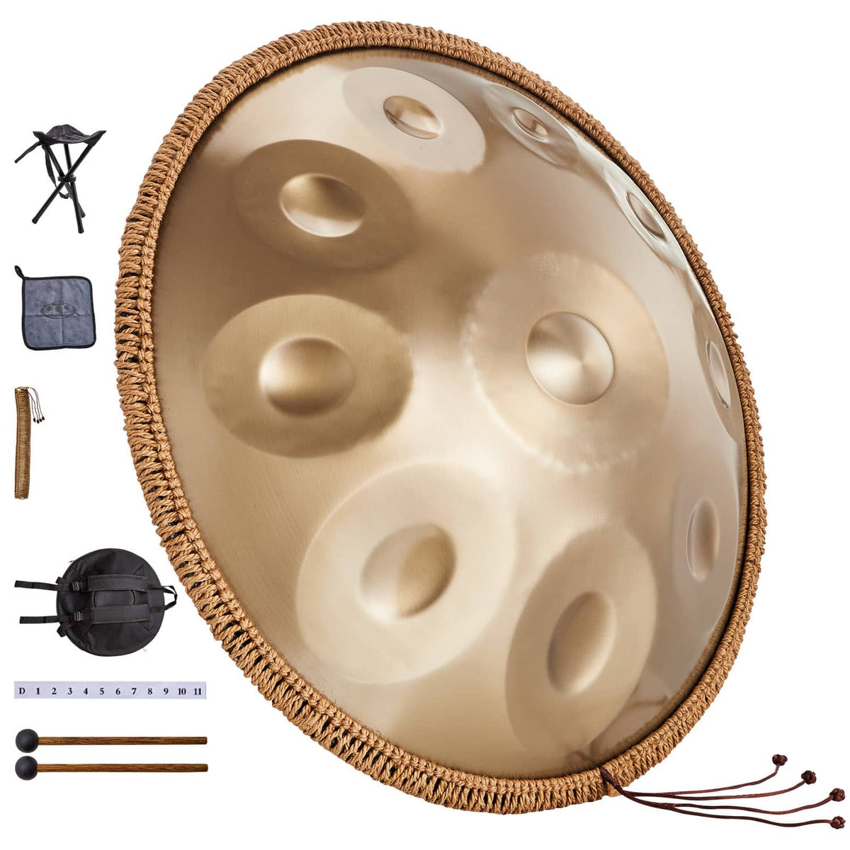 Golden handpan drum with included mallets, carry bag, and stand, rope-textured edge