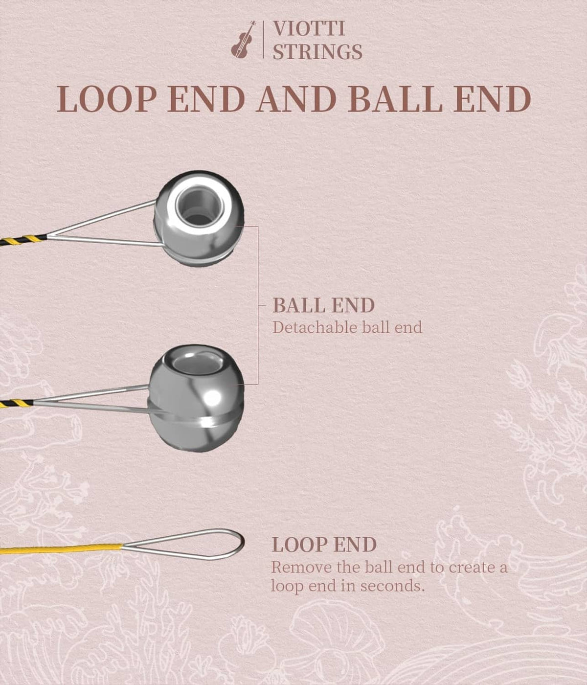 VIOTTI loop end and ball end string end details on gray packaging