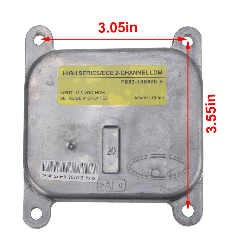 LED headlight control module with yellow label, mounting holes, and size markings