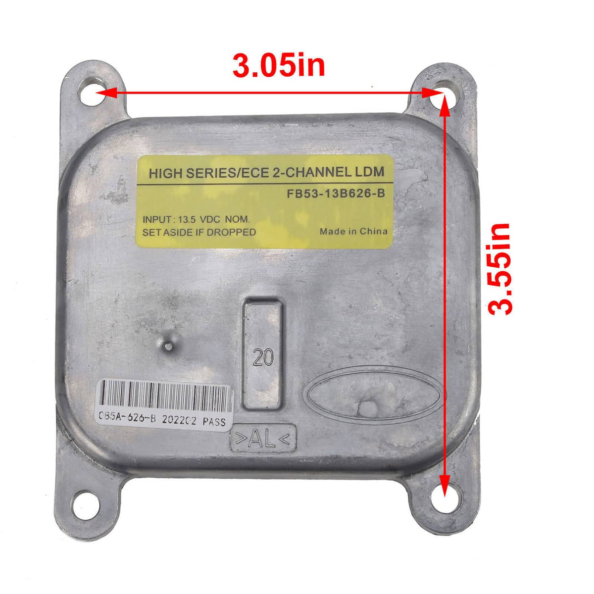 LED headlight control module with yellow label, mounting holes, and size markings