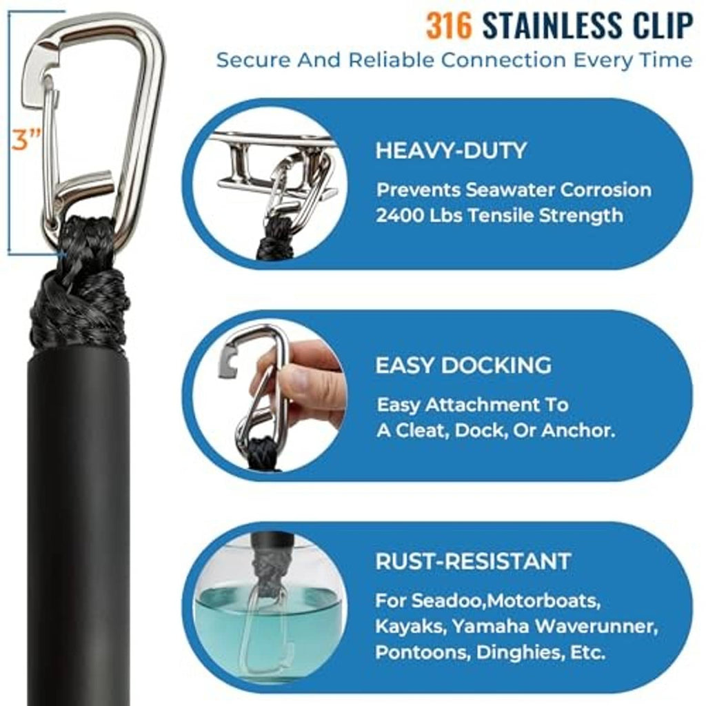 Black bungee boat line with 316 stainless steel silver clip and protective rope wrap