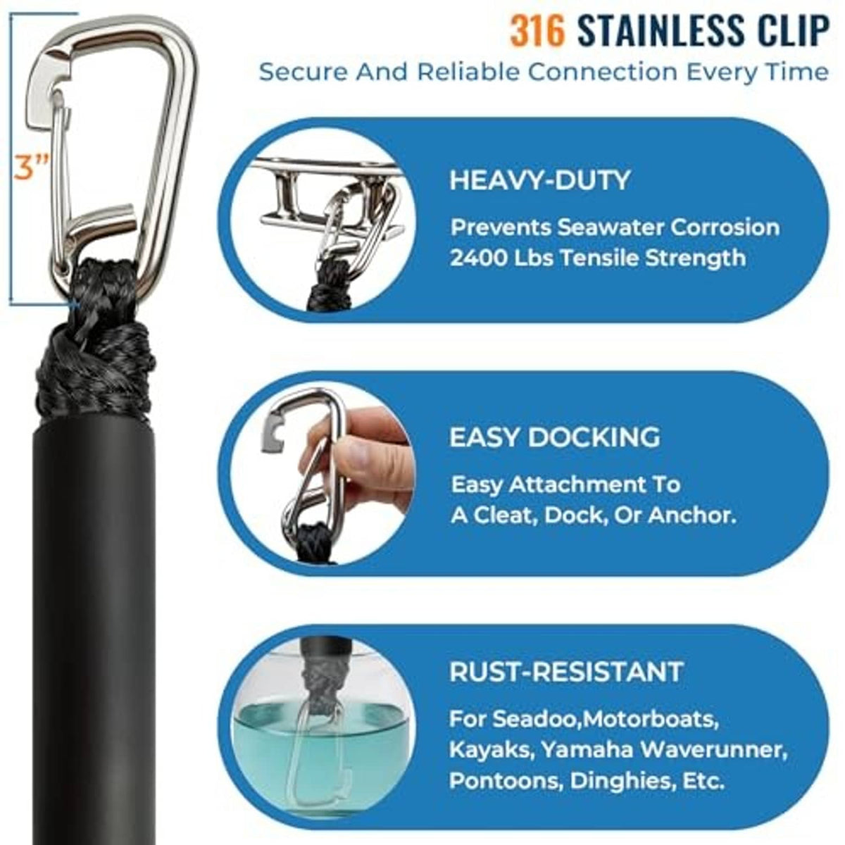 Black bungee boat line with 316 stainless steel silver clip and protective rope wrap