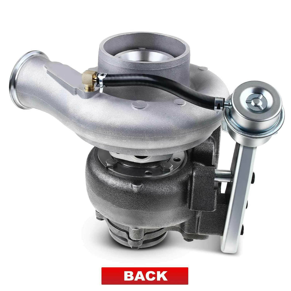 HX35W turbocharger back view with compressor inlet and side outlet port