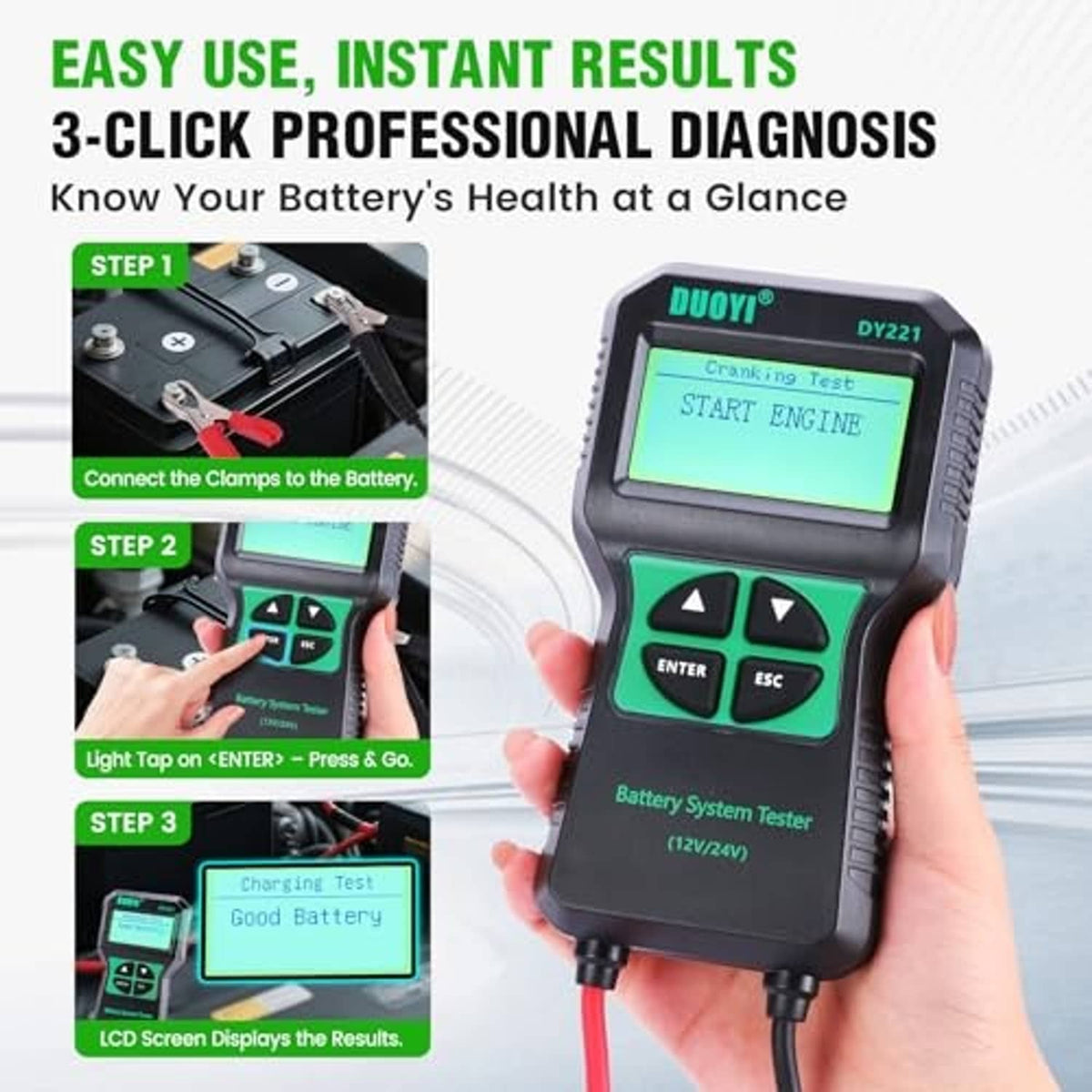 Battery system tester held in hand, showing LCD screen, with red/black clamp leads