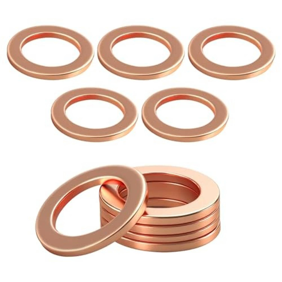 Copper oil drain plug gaskets set of 10 crush washers, round copper rings with center holes