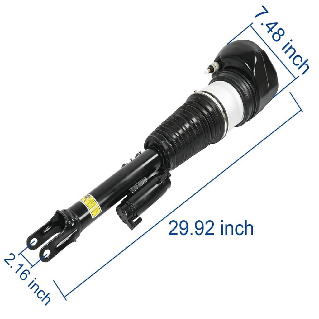 Single black air suspension strut with silver sleeve, measuring labels, and mounting holes.