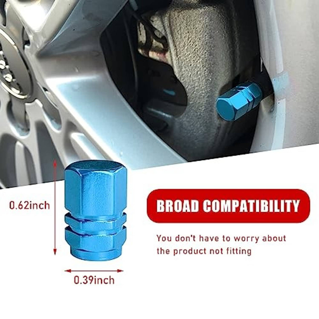 Light blue hexagon valve cap on car wheel rim vent near tire