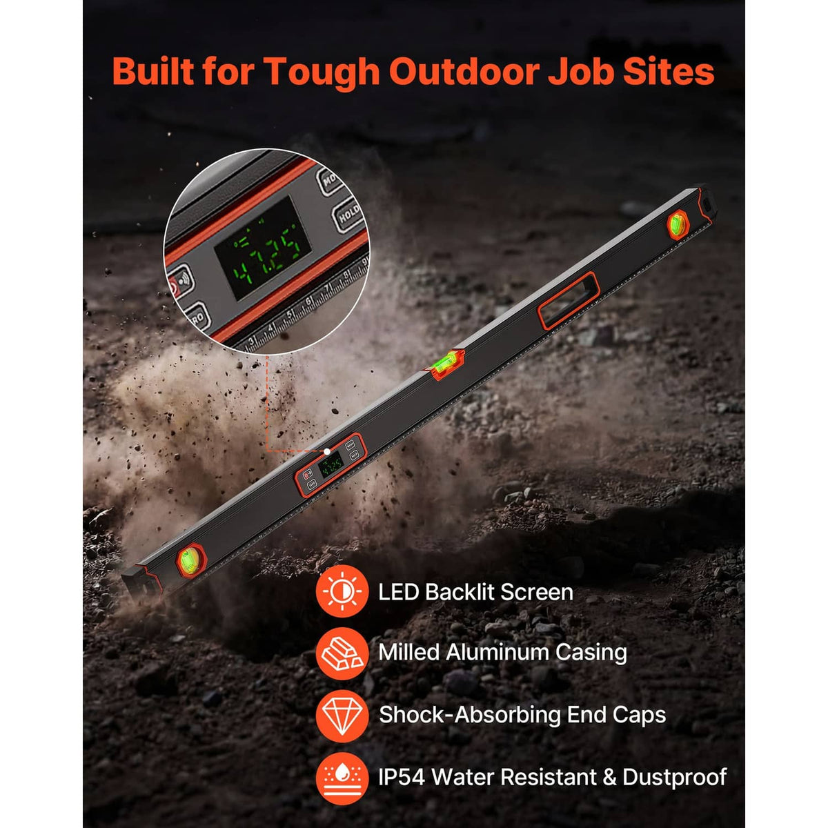 48-inch digital magnetic level with LED backlit screen, durable casing, and IP54 rating