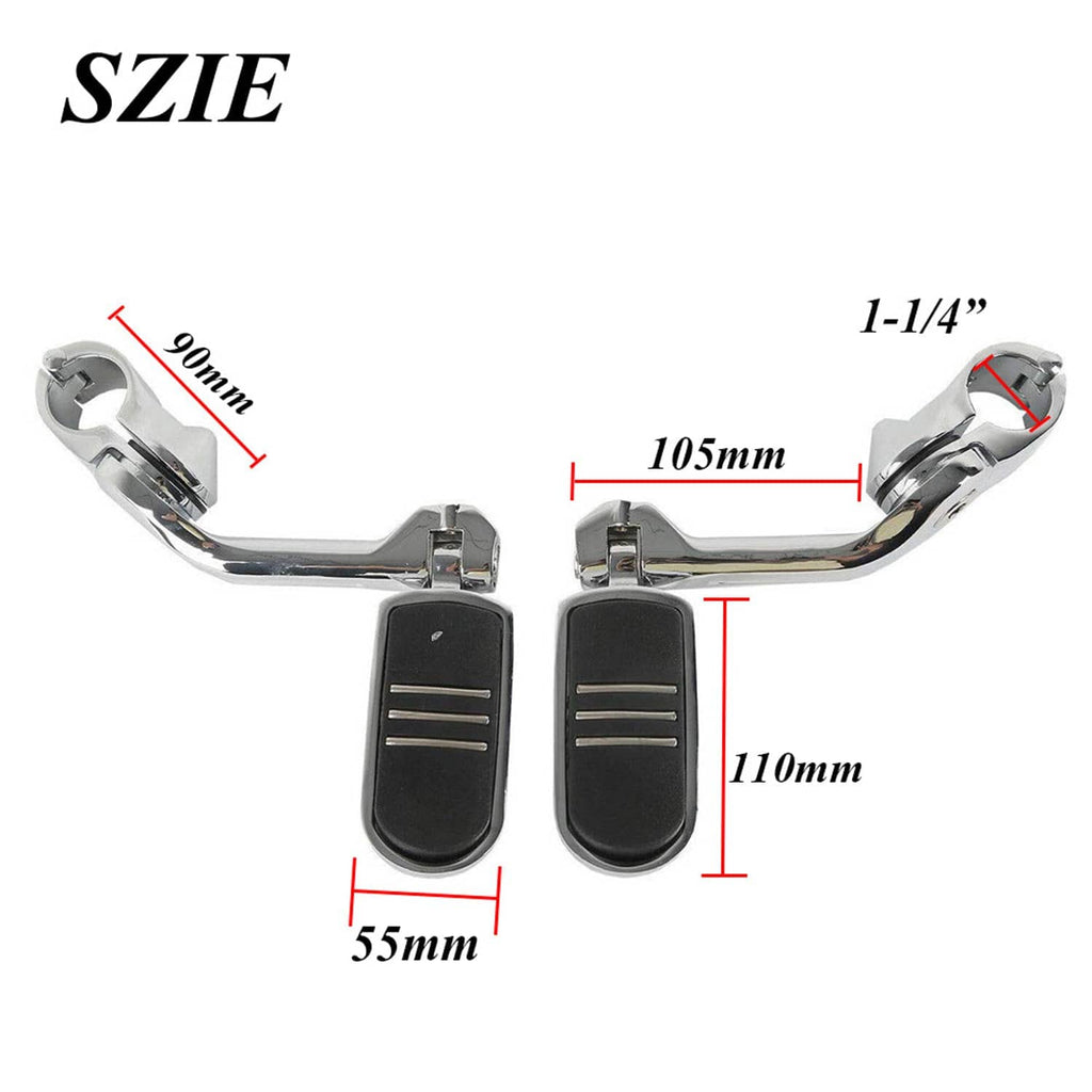 Foot peg dimension diagram: 1-1/4 in length, 105mm and 110mm height measurements