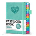 Turquoise password keeper book with embossed tree logo and elastic closure, small size