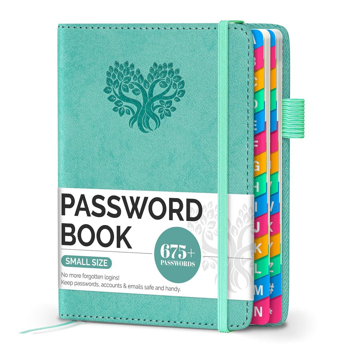 Turquoise password keeper book with embossed tree logo and elastic closure, small size