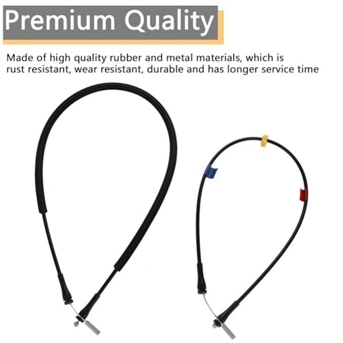 Black door latch release cable pair with colored connectors and metal end fittings