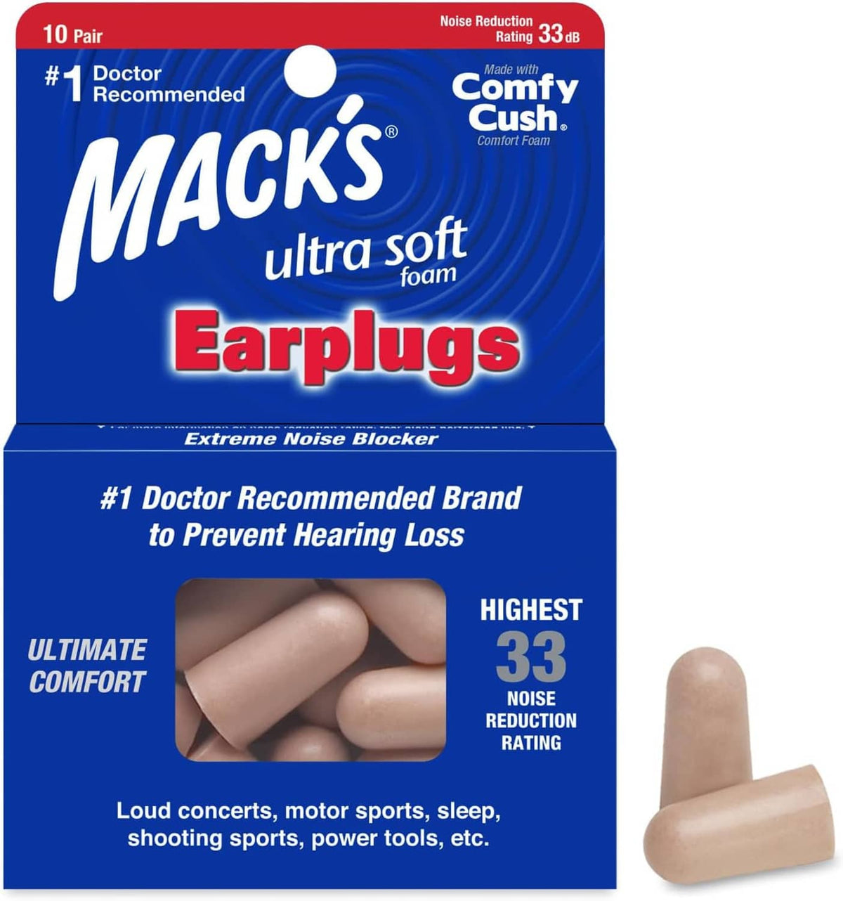 MACK'S ultra soft foam earplugs 10 pair box with beige earplug and 33 dB badge
