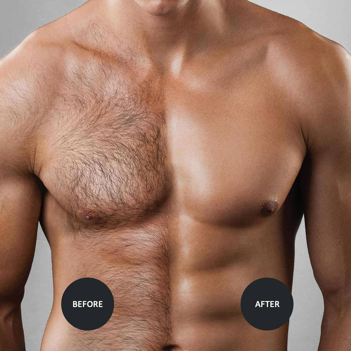 Male chest hair removal before-and-after view with wax treatment indicated