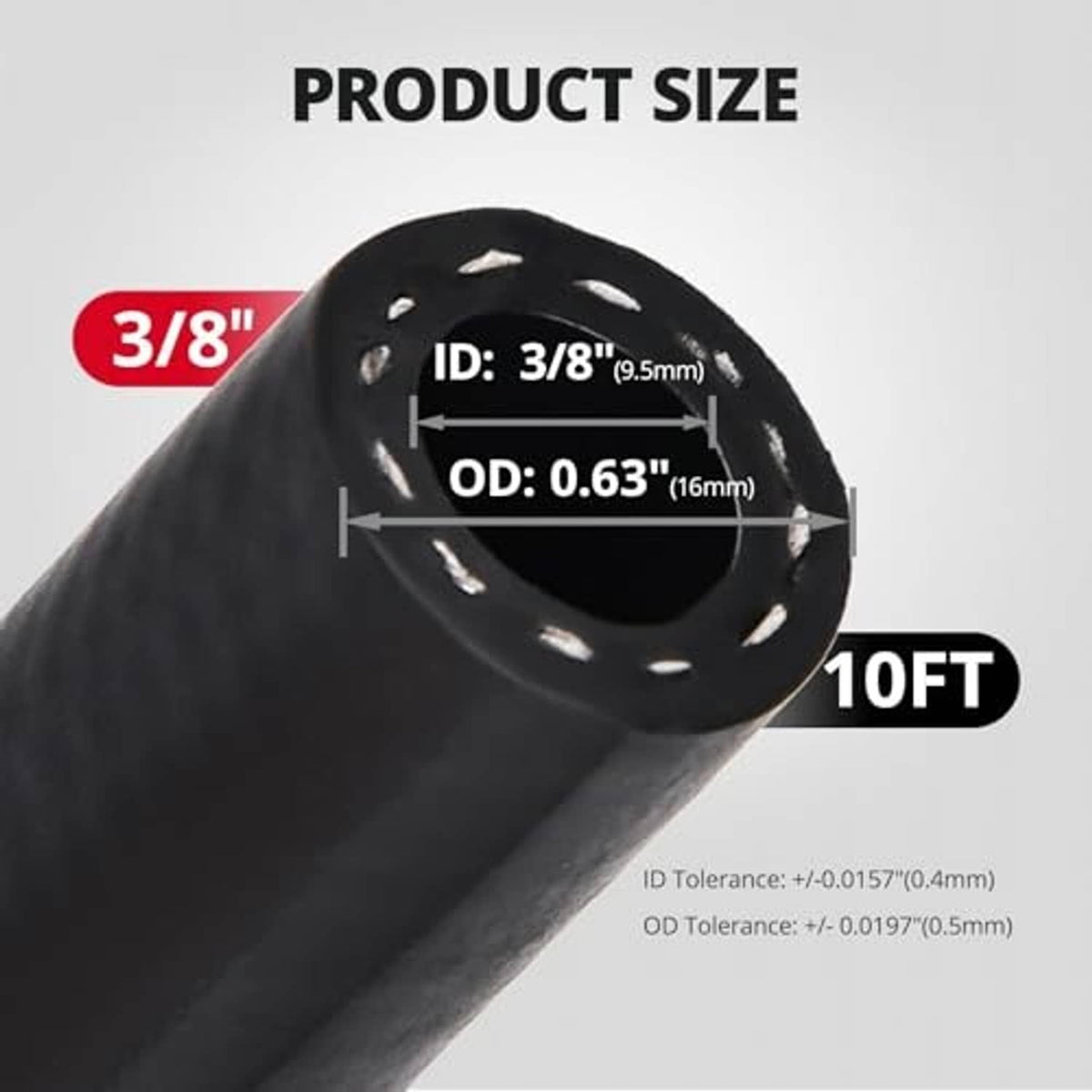 Black transmission cooler hose, 10 ft length; 3/8 in ID, 0.63 in OD