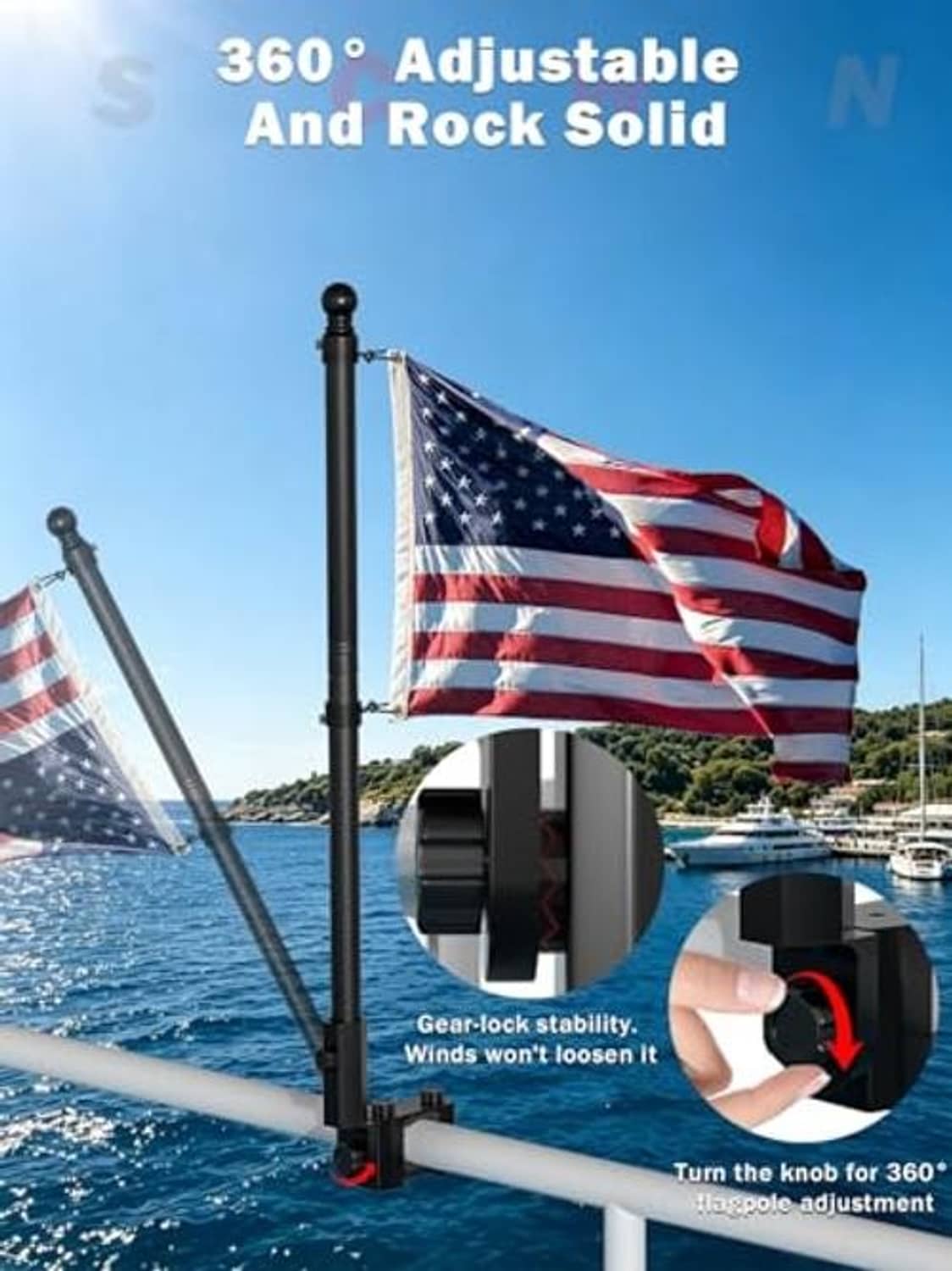 Black 360° adjustable boat flag pole with gearlock clamp and turn knob detail