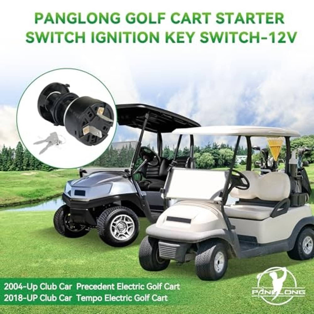 Key ignition switch mounted on electric golf cart, black cylinder with attached key