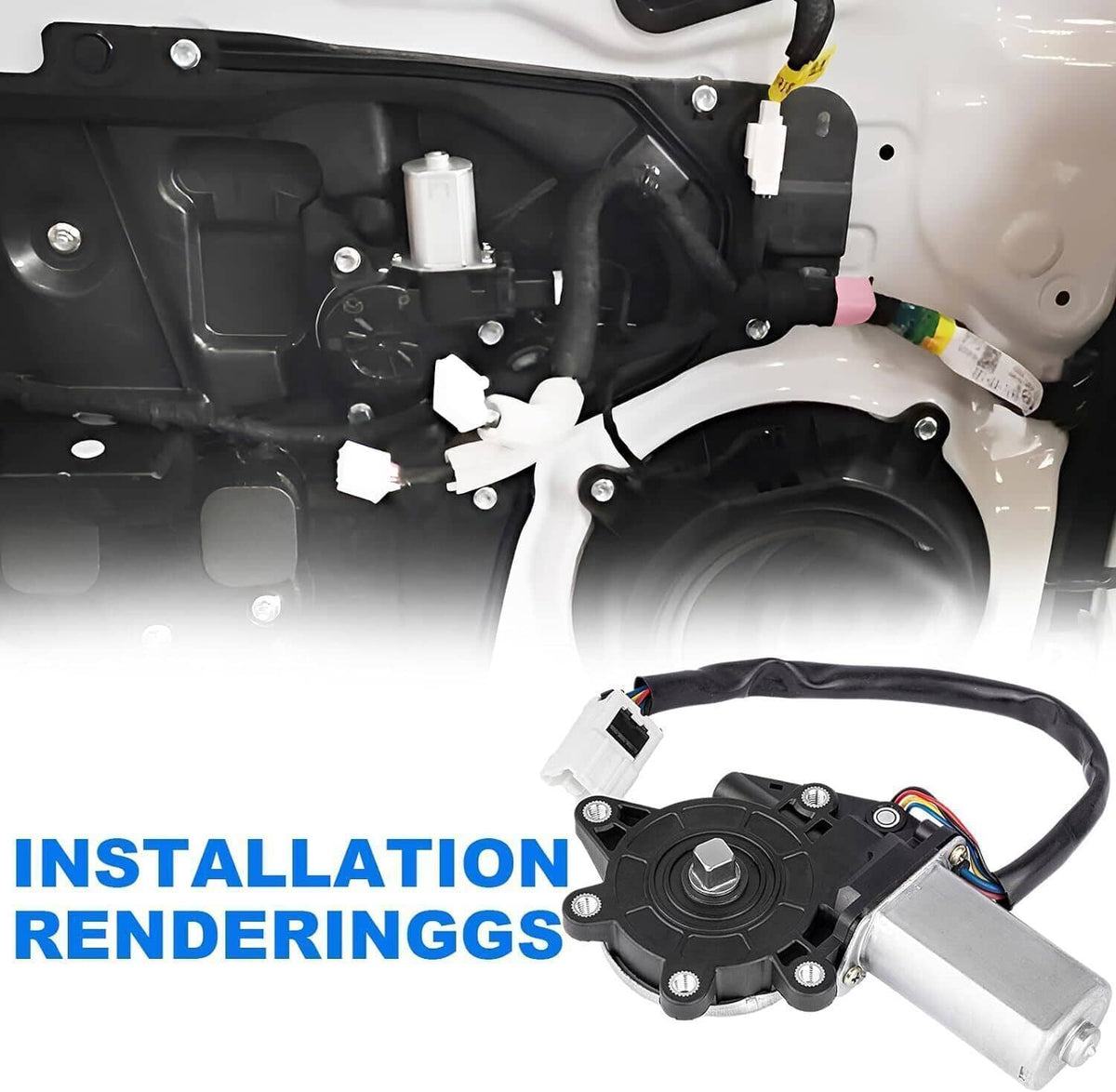 Right power window lift motor with white connector and black mounting housing