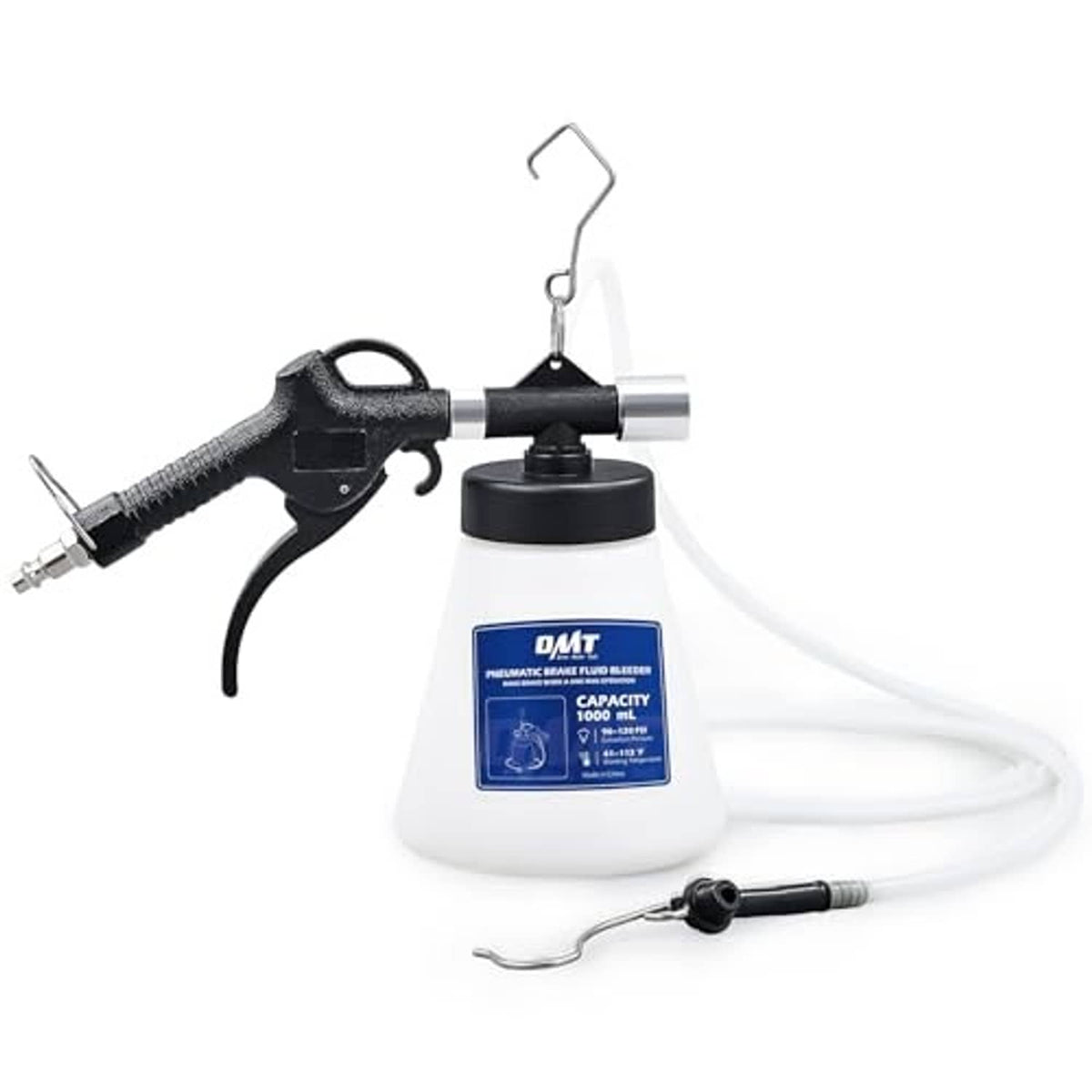 Pneumatic brake fluid bleeder kit with hanging hook, black trigger gun, and clear outlet hose