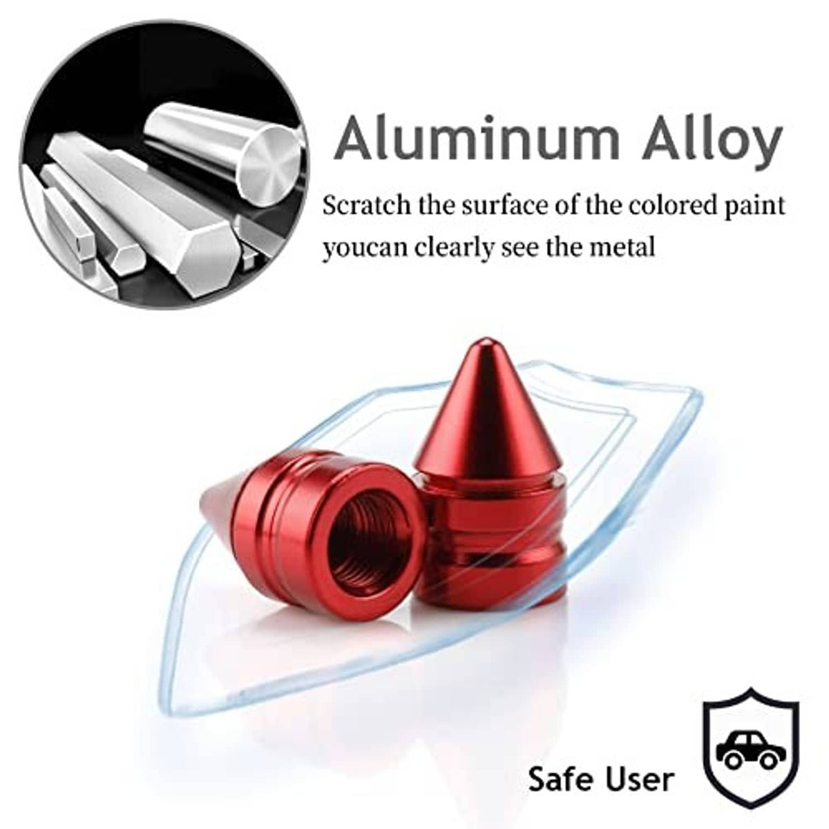 Red conical aluminum alloy valve caps, shown with a metal-surface detail inset