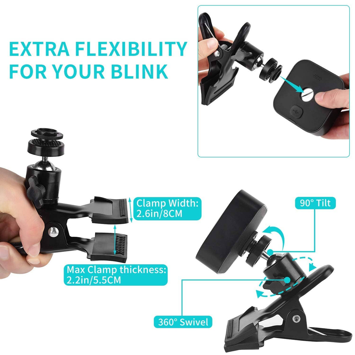 Clip clamp mount with 360 swivel and 90 tilt for flexible camera positioning