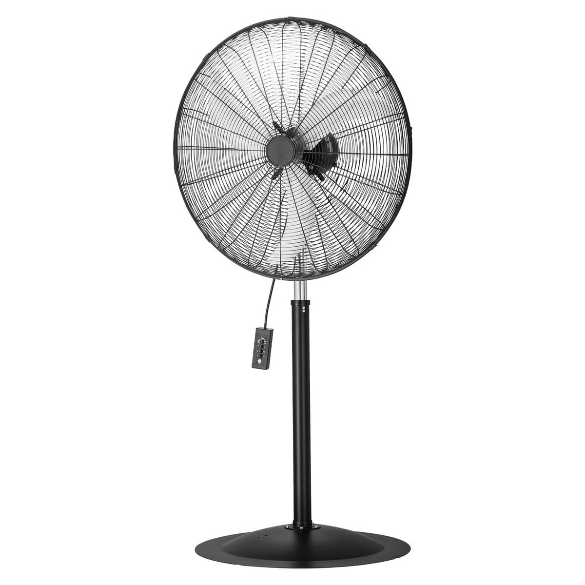 Black standing floor fan with large circular mesh grille and handheld control switch