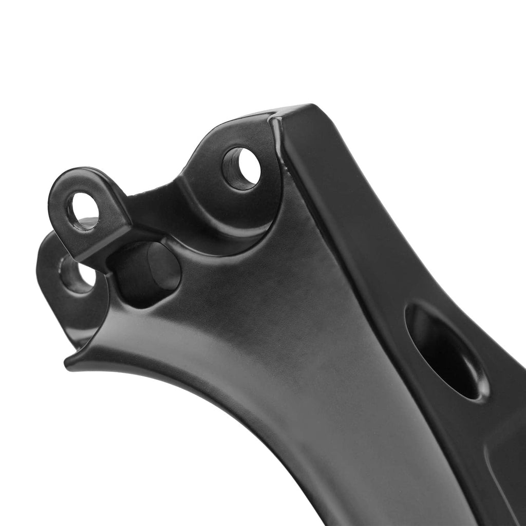 Close-up of black front fairing stay bracket end with mounting holes and curved edge