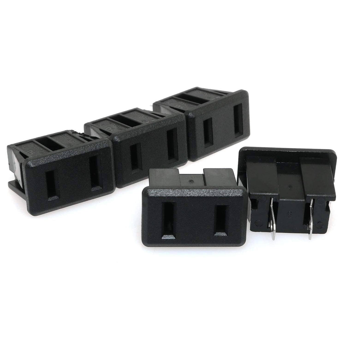 Panel-mount power outlet sockets set with 2-pin openings, black plastic, 5-pack
