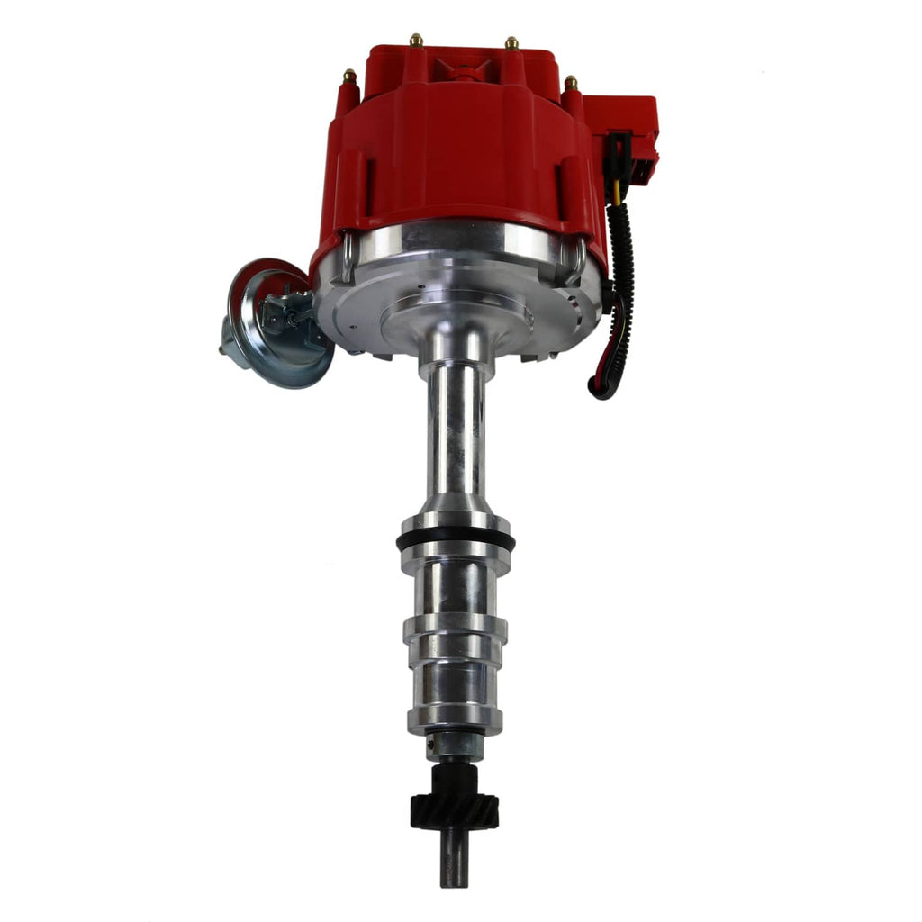 Red ignition distributor with metal shaft and round cap housing, side mounting tabs