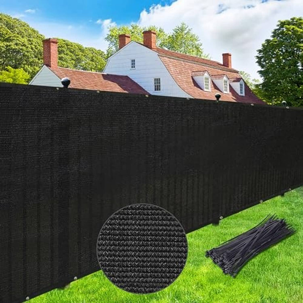 Black privacy fence screen with brass grommets and draped corner section