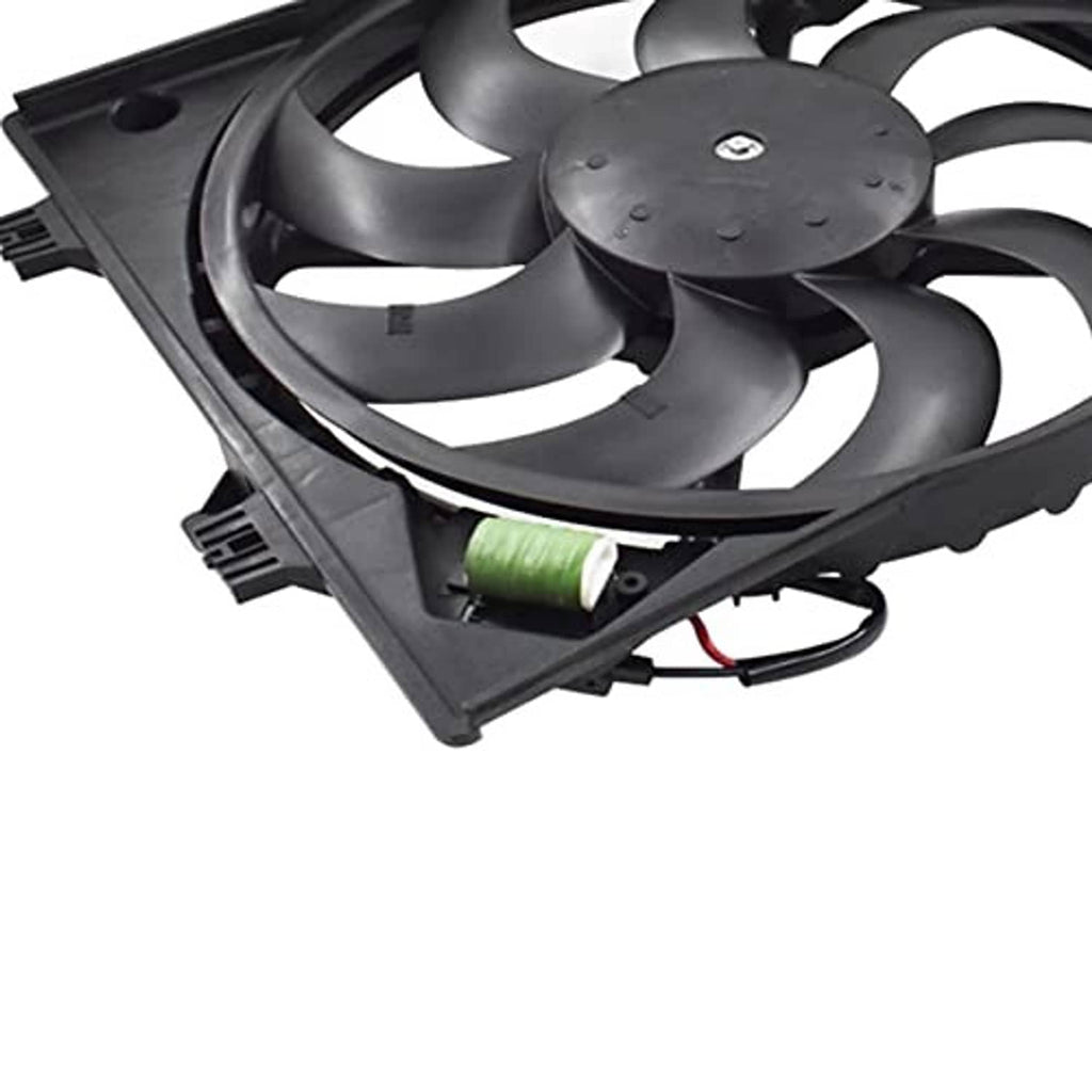 Radiator cooling fan assembly close-up of fan blades, wires, and green connector